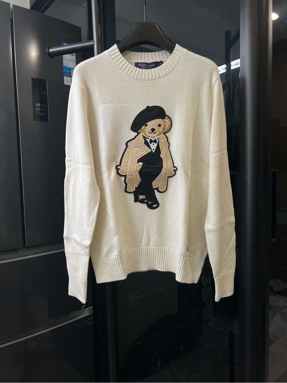 Ralph Lauren Cream Crewneck Sweater with Bear Appliqué